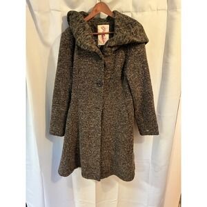 Heart Women's 12 Wool‎ Blend Hooded Coat Brown Tweed Knit Long A-Line Jacket